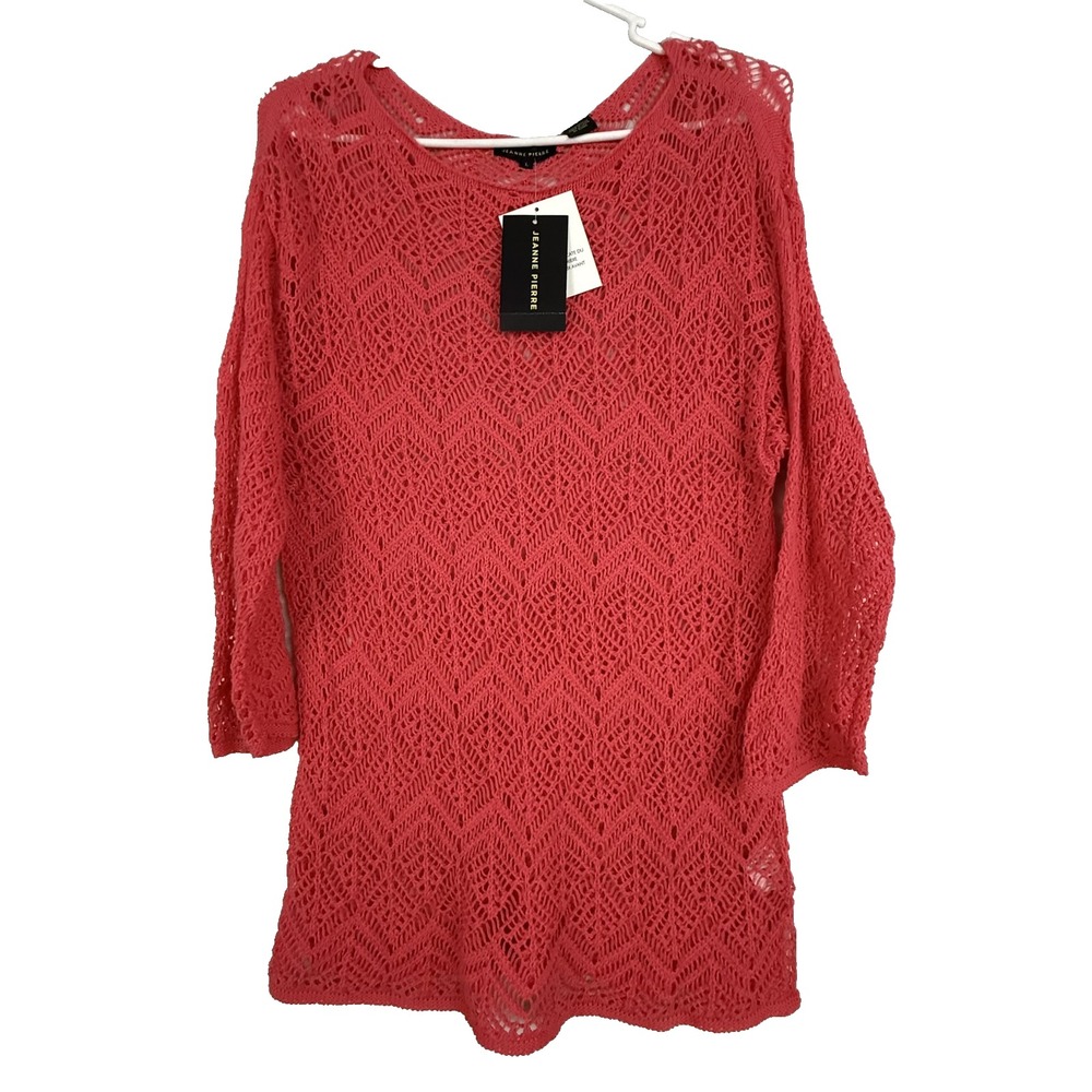 Jeanne Pierre Sweater Women Large Pink Grapefruit Crochet Knit 3/4 Sleeve Cotton